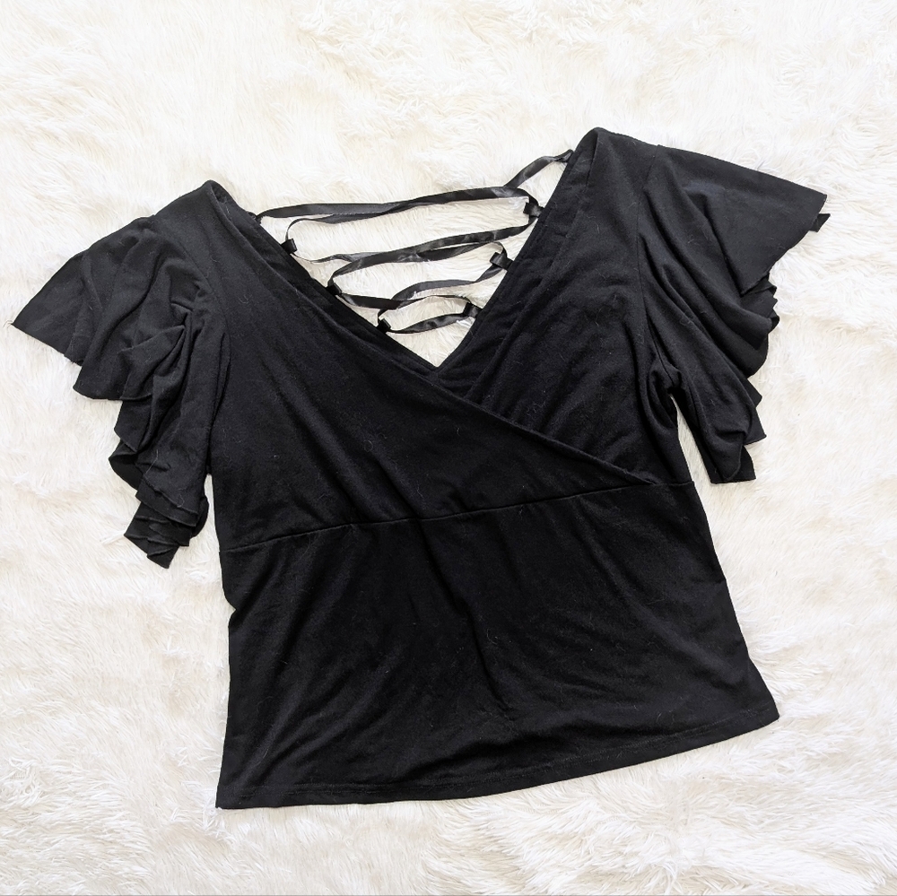 Y2K Vintage Lip Service Black Lace Up Back Split Flutter Sleeve Top Size 0X